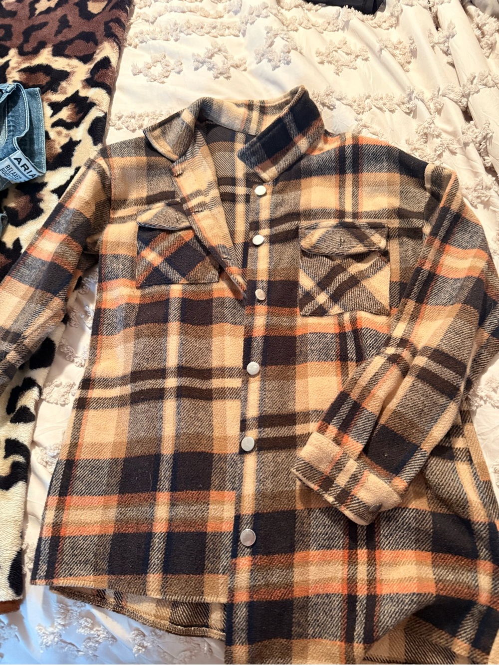 Plaid Button-Front Shacket in Beige and Brown